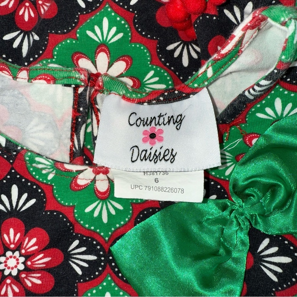 Counting Daisies Floral Christmas Holiday Patterned Dress with Green Bow - Picture 5 of 5